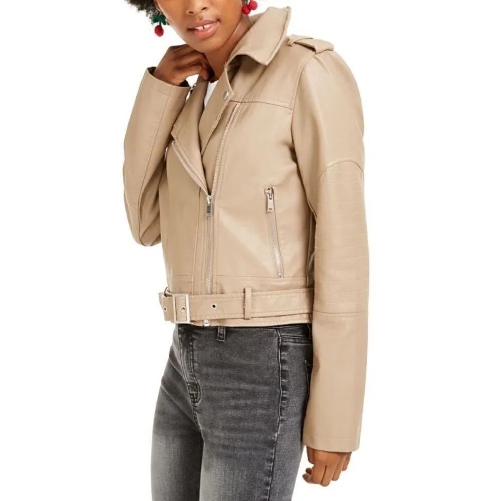 Collection B Juniors Faux-Leather Desert Tan Moto Jacket Size Medium NWD NWT
